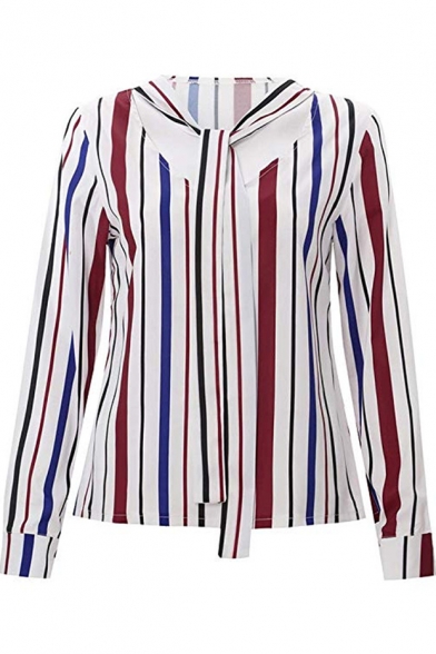 Trendy Colorful Stripe Printed Tied V-Neck Long Sleeve Loose Fit Blouse Top for Women