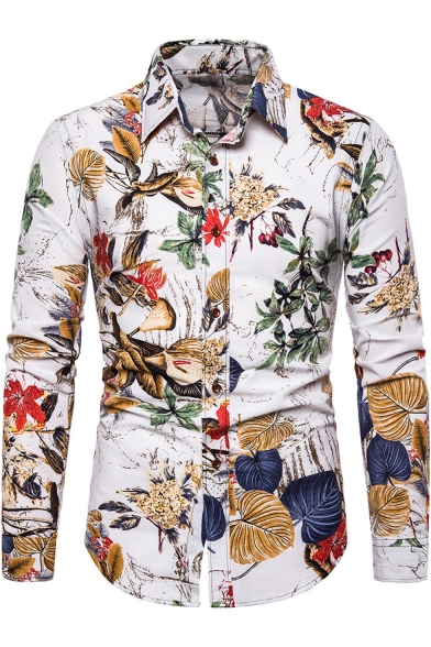 Trendy Floral Pattern Spread Collar Long Sleeve Button Up Slim Fit White Shirt