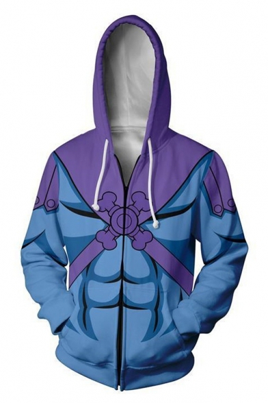 Trendy Purple and Blue Comic Cosplay Costume Long Sleeve Zip Up Casual Loose Drawstring Hoodie