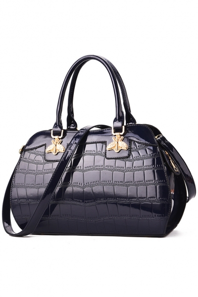 Trendy Solid Color Metal Bee Embellishment Zipper Satchel Bag Handbag