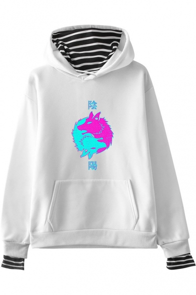 Vaporwave Stylish Double Wolf Printed Fake Two-Piece Casual Loose Hoodie