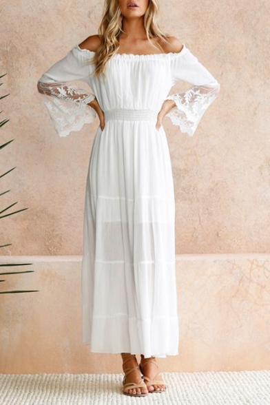 Women's Elegant Off The Shoulder Long Sleeve Plain Lace Patch Midi A-Line White Dress