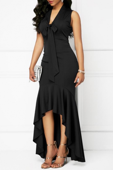 Women's Esteemed Bow V-Neck Sleeveless Asymmetric Hem Maxi Tank Black Dress