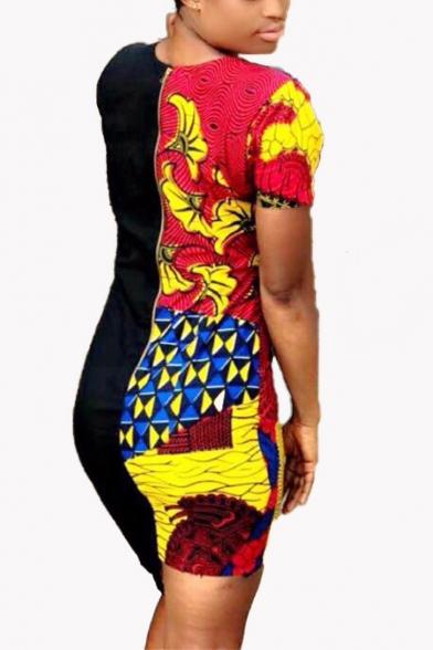 Women's Fashion Totem Tribal Printed Colorblock Round Neck Short Sleeve Mini Asymmetric Bodycon Dress