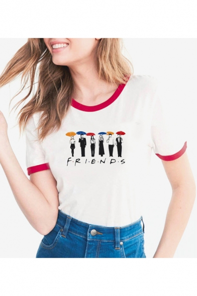Women's Hot Popular Letter FRIENDS Pattern Contrast Trim Short Sleeve Fitted T-Shirt