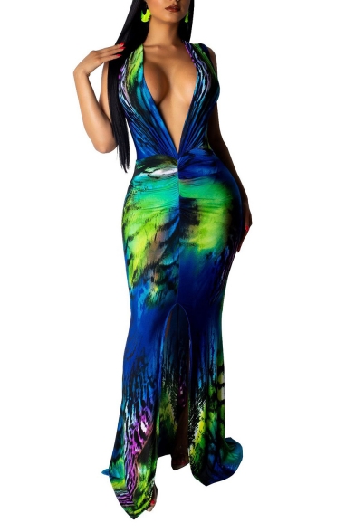 Women's Sexy Plunge Neck Sleeveless Printed Maxi Bodycon Blue Dress