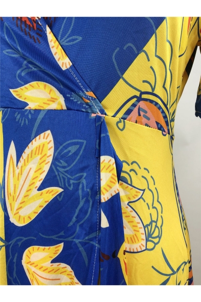 Women's Sexy V-Neck Short Sleeve Floral Printed Split Side Maxi Swing Beach Dress