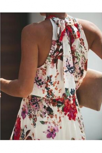Women's Stylish Halter Neck Sleeveless Floral Printed Split Hem Maxi Swing Dress