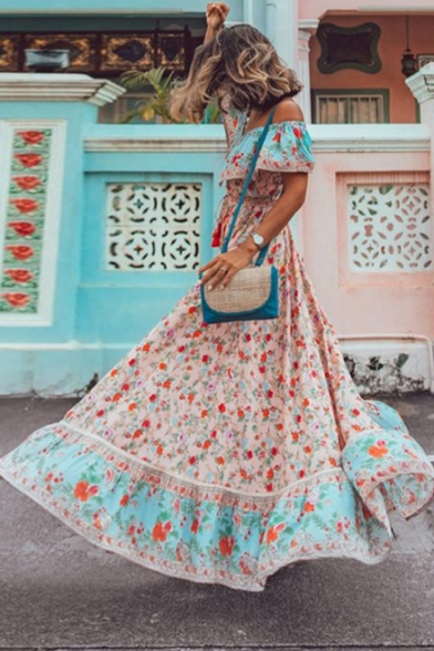 Women's Summer Fashion Scoop Neck Short Sleeve Floral Printed Maxi Boho Beach Dress