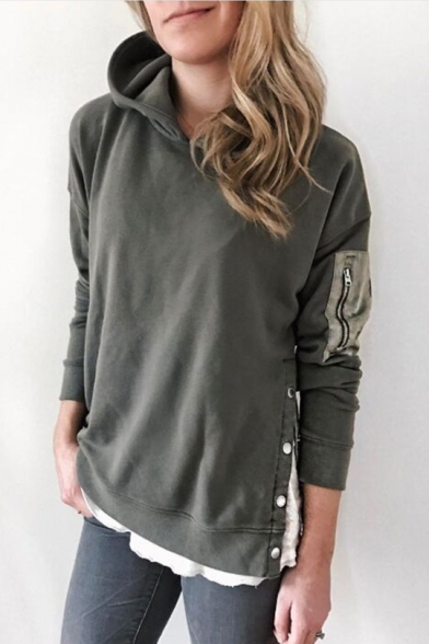 Womens Chic Simple Solid Color Button Embellished Side Long Sleeve Patched Army Green Hoodie