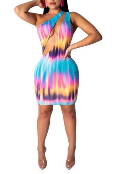 Womens Sexy One Shoulder Sleeveless Colorblock Tie Dye Cut Out Mini Bodycon Dress