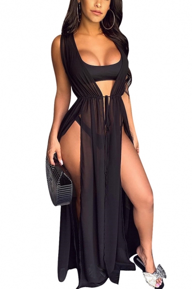 Womens Sexy Plunged V-Neck Sleeveless Tied Waist High Split Side Maxi Black Sheer Mesh Dress