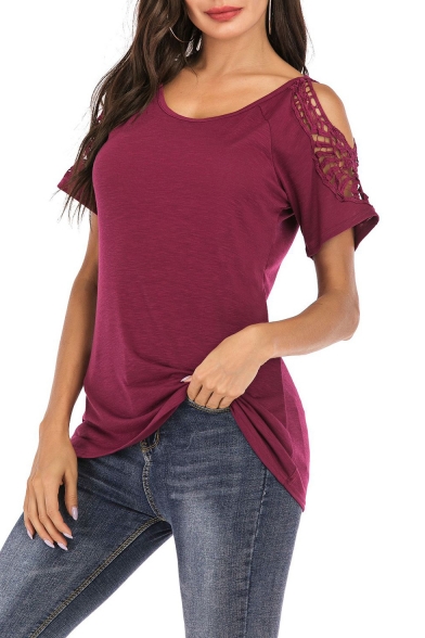 Womens Summer Hollow Out Short Sleeve Round Neck Simple Plain Casual Tee