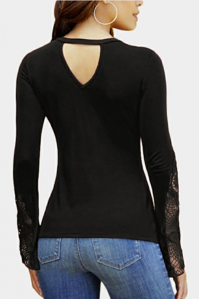 Womens Trendy Simple Plain Twist V-Neck Lace Long Sleeve Slim Fit T-Shirt
