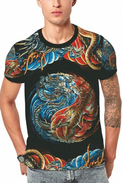 Chinese Style Dragon and Tiger Printed Round Neck Short Sleeve Black Tee