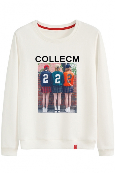 COLLECM Letter Girls Back Photo Printed Round Neck Long Sleeve Sweatshirt