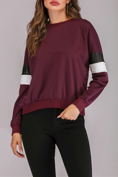 Colorblock PU Patched Long Sleeve Round Neck Pullover Sweatshirt