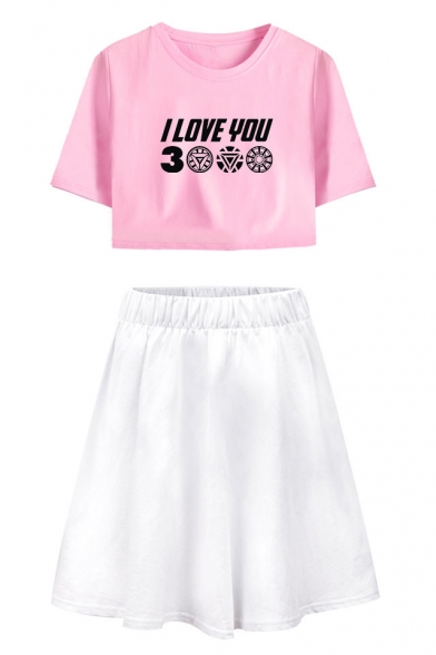 Cool Unique Letter I LOVE YOU 3000 Short Sleeve Crop Tee with A-Line Skirt Two-Piece Set