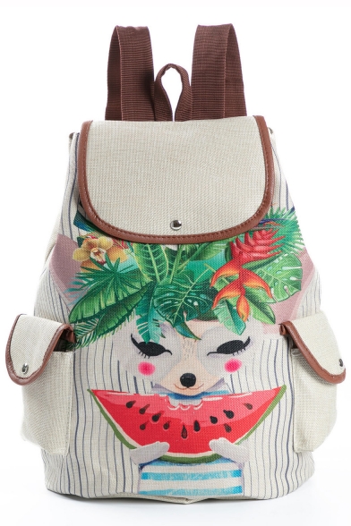 Cute Cartoon Printed Beige Travel Bag School Backpack with Side Pockets 28*11*39 CM