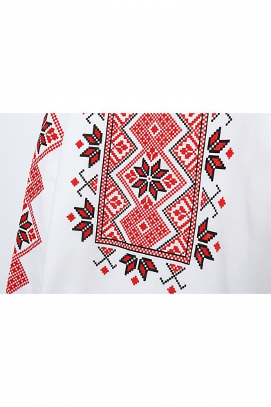 Ethnic Geometric Print Round Neck Long Sleeve Fleece Sweatshirt