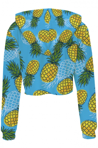 Fashion Allover Pineapple Pattern Long Sleeve Womens Blue Cropped Hoodie