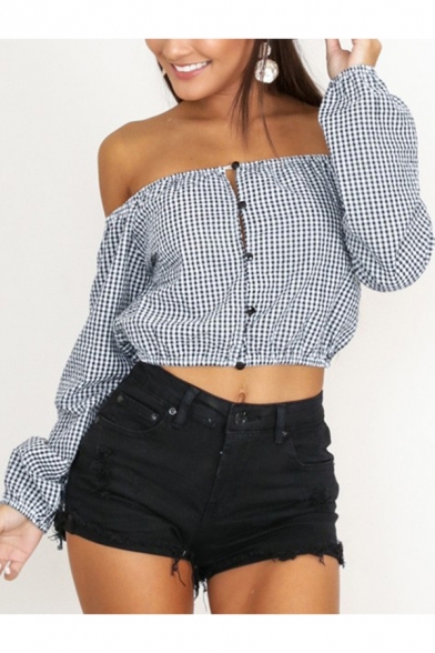 Fashion Black and White Plaid Printed Off the Shoulder Long Sleeve Button Front Cropped Blouse Top