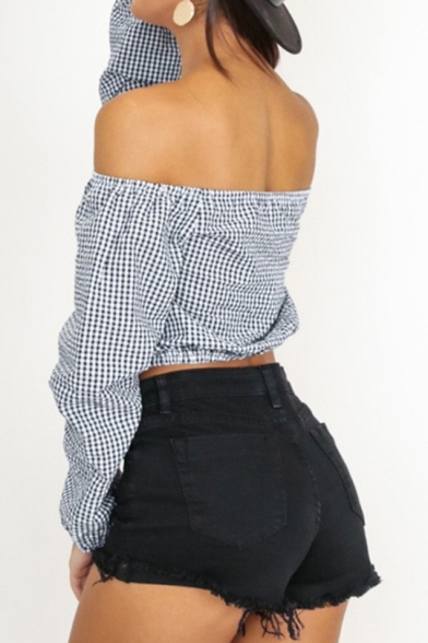Fashion Black and White Plaid Printed Off the Shoulder Long Sleeve Button Front Cropped Blouse Top