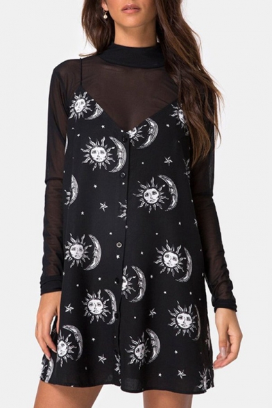 Fashion Cartoon Sun and Moon Pattern V-Neck Button Front Girls Black Mini Slip Dress