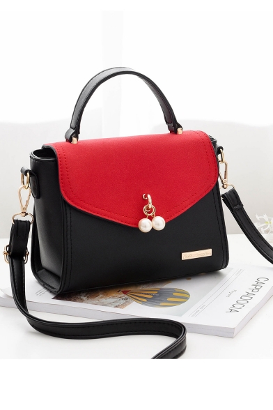 Fashion Color Block Pearl Embellishment Work Satchel Handbag for Women