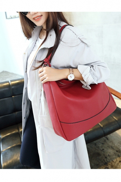 Fashion Solid Color Ribbon Embellishment Large Capacity PU Leather Shoulder Tote Bag with Zipper 34*13*34 CM