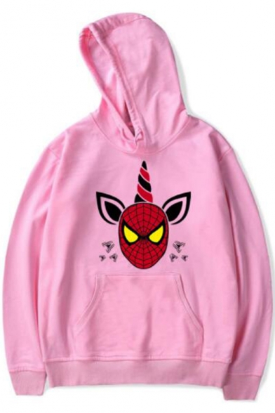 Funny Cool Cartoon Unicorn Spider Pattern Long Sleeve Pink Casual Hoodie