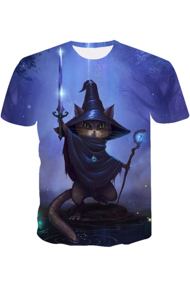 Funny Cute Witch Cat 3D Printed Round Neck Short Sleeve Blue T-Shirt