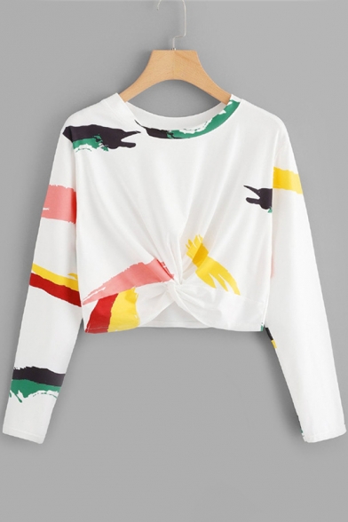 Girls Fashion Pattern Basic Round Neck Long Sleeve Twist Front Crop White Sweatshirt