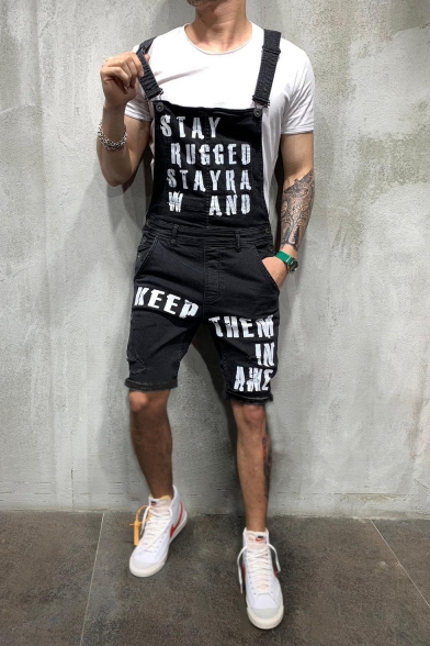 Guys Cool Street Letter STAY RUGGED Printed Ripped Denim Overalls Shorts