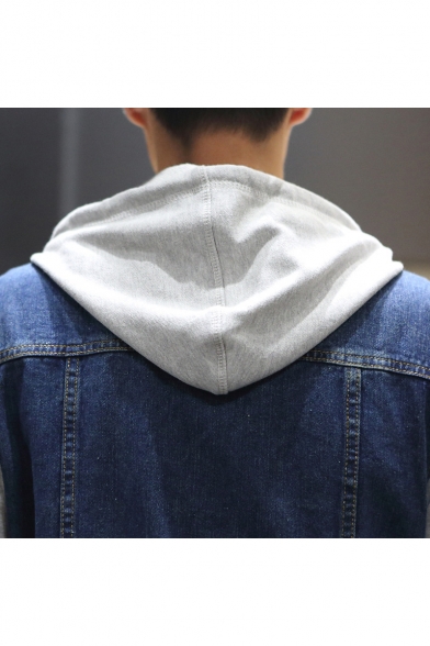 Guys Fashion Fake Two-Piece Patched Long Sleeve Hooded Button Down Blue Denim Coat Jacket