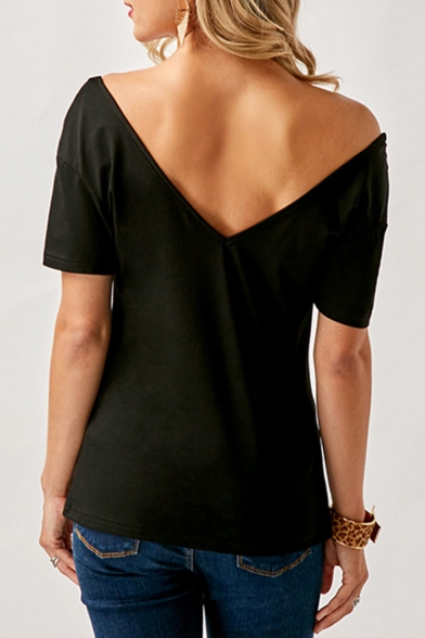 Hot Fashion Plain V-Neck Short Sleeve Lace Patch Black T-Shirt For Women