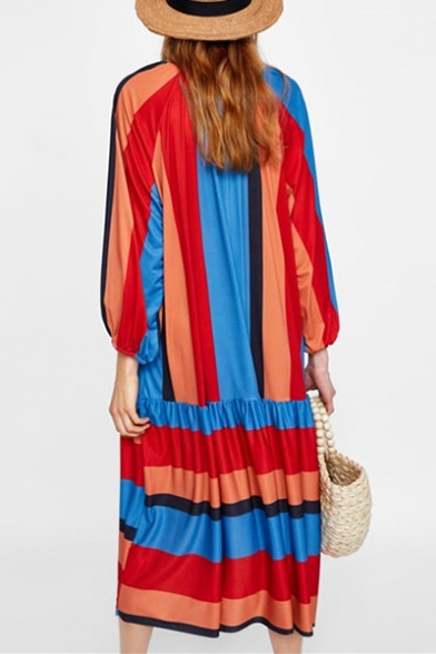 Hot Fashion Round Neck Long Sleeve Stripes Printed Loose Midi Pleated Dress