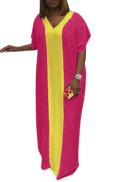 Hot Fashion V-Neck Short Sleeve Colorblock Printed Loose Maxi Oversize Rose Red Dress