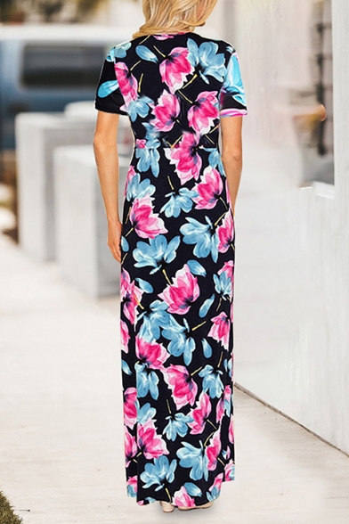 Hot Fashion V-Neck Short Sleeve Floral Printed Bow-Tied Waist Maxi Shift Dress