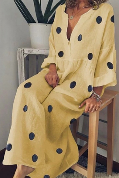 V-Neck Long Sleeve Polka Dot Printed Button Detail Boho Maxi Dress For Women
