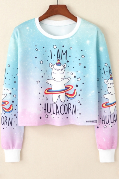 I AM HULACORN Letter Tie Dye Galaxy Star Rainbow Unicorn Printed Round Neck Long Sleeve Cropped Sweatshirt