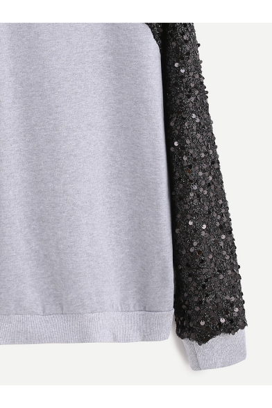 Light Gray Round Neck Sequined Raglan Long Sleeve Pullover Sweatshirt