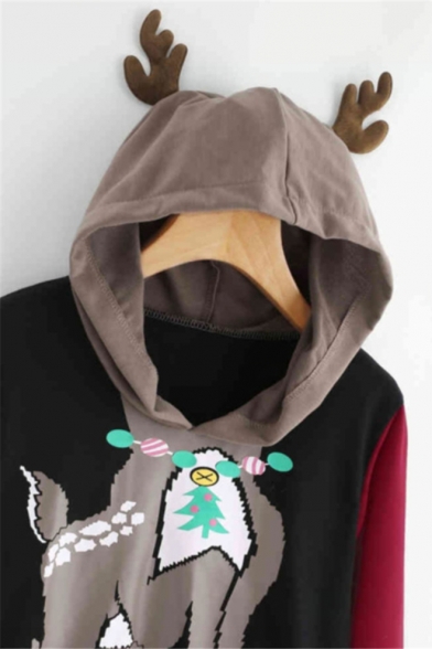 Lovely Christmas Deer Print Antlers Embellished Hood Colorblock Long Sleeve Black Hoodie