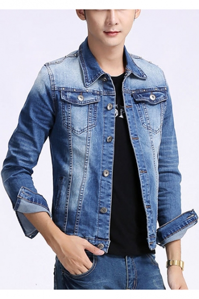 Men's Basic Simple Plain Long Sleeve Double Pocket Front Bleach Blue Fitted Denim Jacket