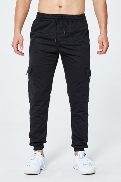 Men's Cotton Fashion Solid Color Flap Pocket Side Drawstring Waist Sport Pants