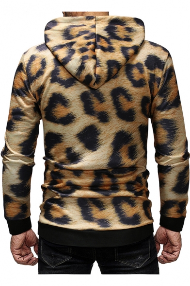 Men's Fashion Leopard Print Long Sleeve Slim Fit Drawstring Hoodie