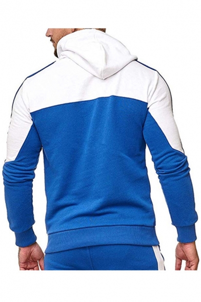 Mens Fashionable Colorblock Print Long Sleeve Pocket Detail Sport Casual Drawstring Hoodie
