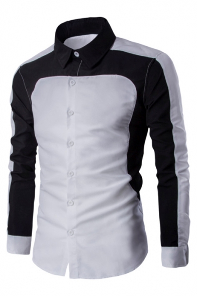 Mens New Fashion Colorblock Long Sleeve Slim Fitted Button Up Business Formal Shirt