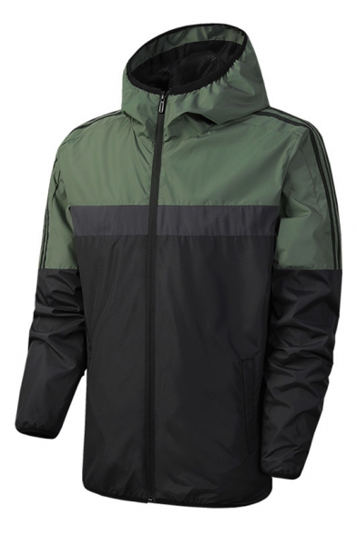 Mens Outdoor Training Running Colorblocked Windbreaker Zip Up Hooded Sport Track Jacket