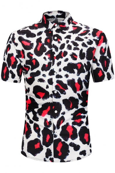 Mens Summer Cool Street Fashion Leopard Printed Short Sleeve Casual Relaxed Shirt